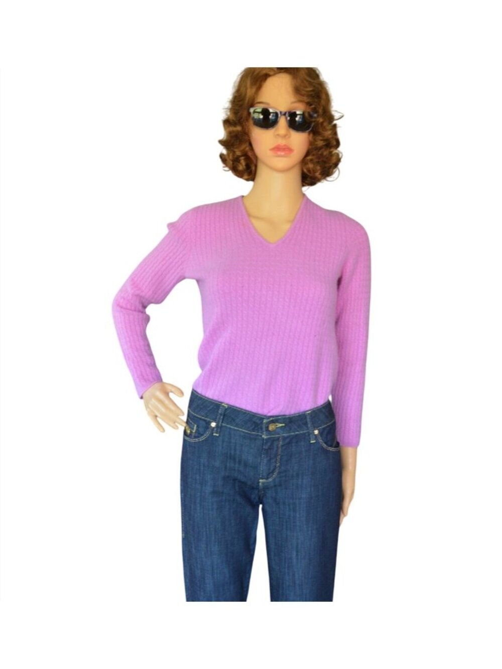 Ann Taylor Cashmere Fuchsia Pink V-Neck Sweater 2 Ply Preppy Womens Size Medium